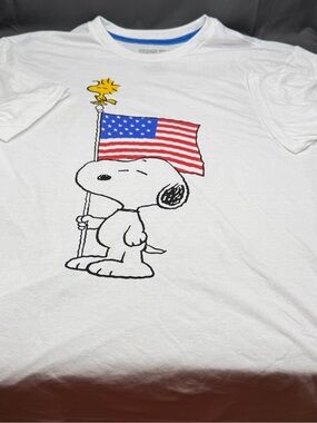 Peanuts White Snoopy & Woodstock Dog Tee with American Flag